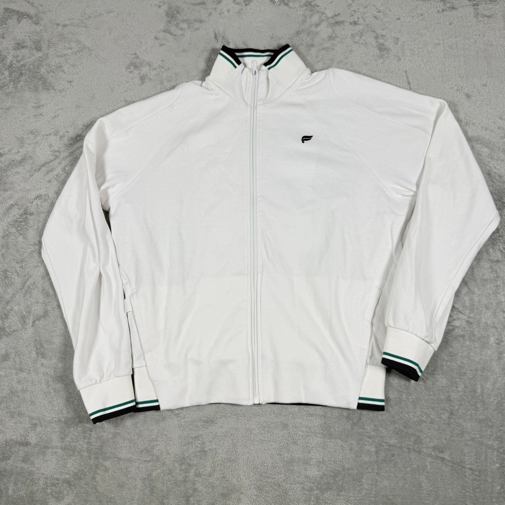 Fabletics Mens S White Full Zip Track Jacket Green Black Striped Trim